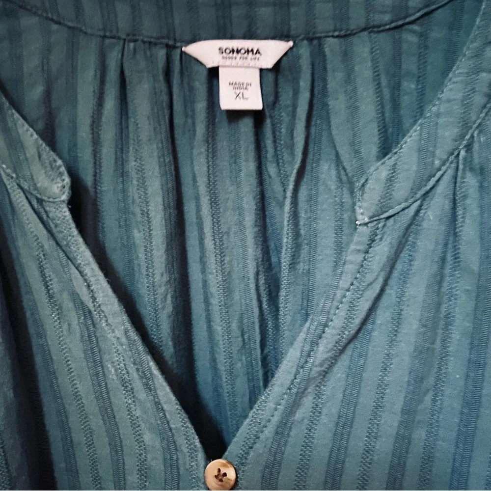 πͺΆ3/$35 SONOMA Embroidered Teal Green Button-Down Poof Sleeve Blouse-XL - Picture 6 of 16